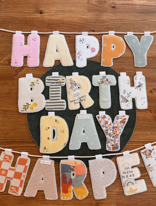 Happy Birthday Banner With Name | Made from your baby's clothes
